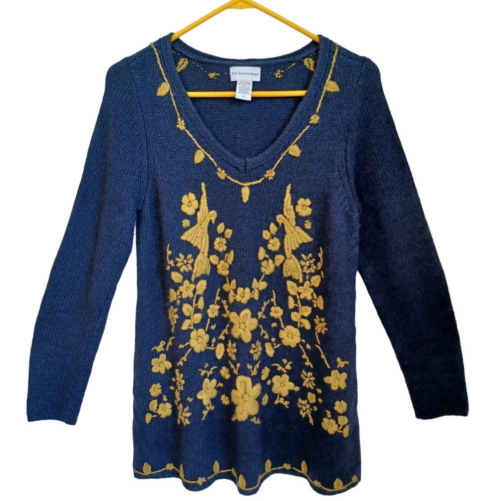 Soft Surroundings Blue Angora Wool Blend Embroidered Bird Floral Tunic Sweater M